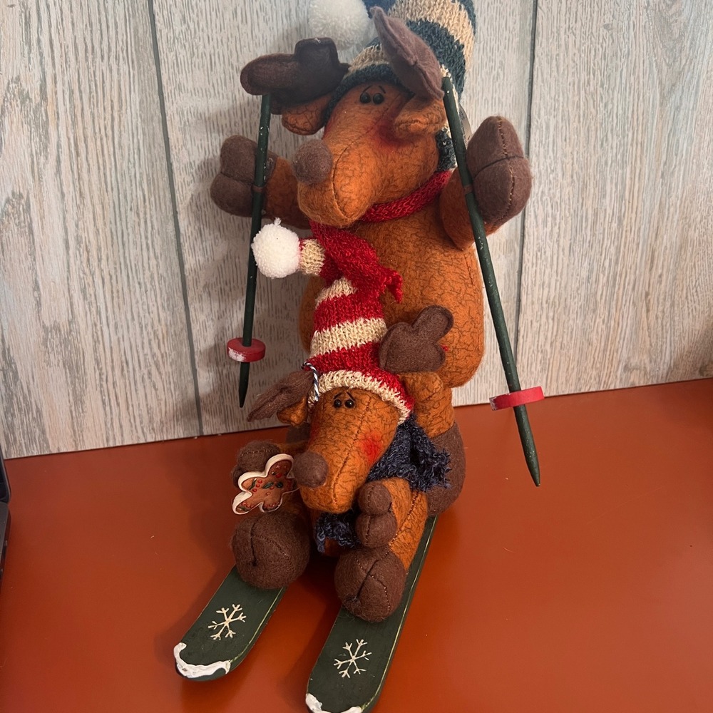 Rustic Plush Reindeer on Skis Christmas Decor Primitive Holiday Figurine 10.5in
